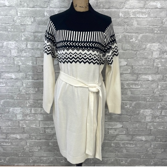Ann Taylor Fair Isle White and Black Belted Sweater Dress Size L - Picture 3 of 9